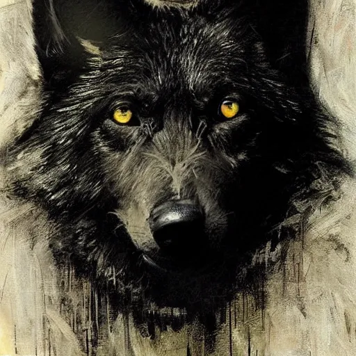 Image similar to a portrait of a black wolf, art by Guy Denning, matte painting, high detail, award winning, photorealistic