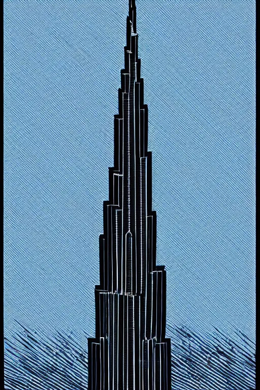 Image similar to a picture of burj khalifa with a sky background, a screenprint by milton glaser, featured on behance, art deco, cyanotype, poster art