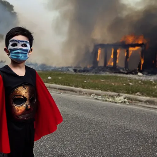 Image similar to A boy wearing a cape and mask, with a haunted look in his eyes, stands in front of a burning building