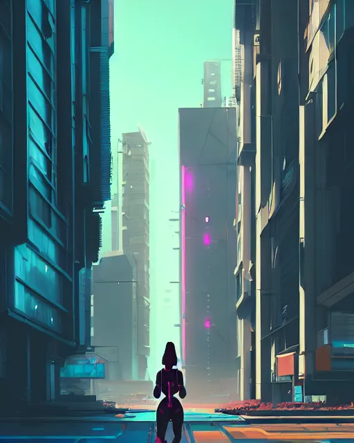 Prompt: a woman walking down a street next to tall buildings, cyberpunk art by james gilleard, cgsociety, photorealism, speedpainting, artstation hq, artstation hd