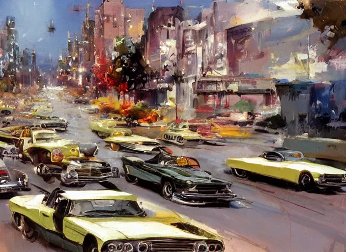 Image similar to hotrods driving down a street , vintage, highly detailed, by John Berkey