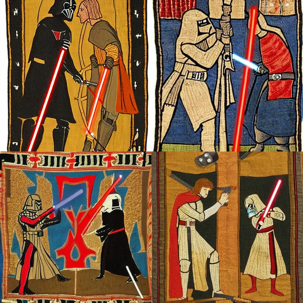 Prompt: Medieval tapestry depicting the lightsaber duel between Ben Kenobi and Darth Vader