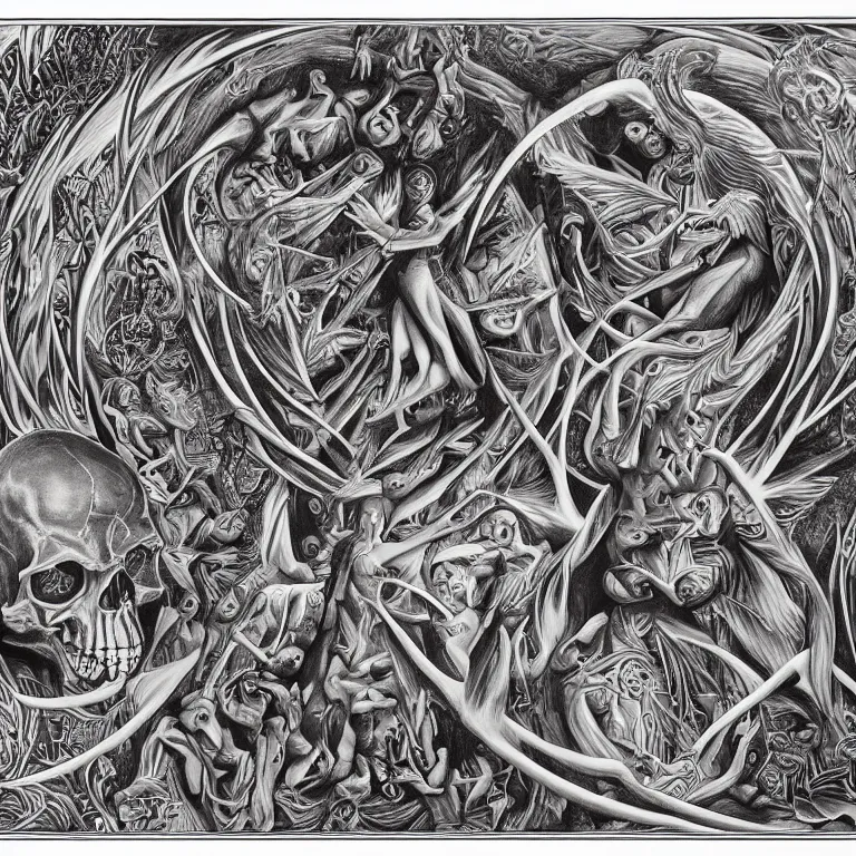 Image similar to meditation on death by Alex Grey and M. C. Escher collaboration