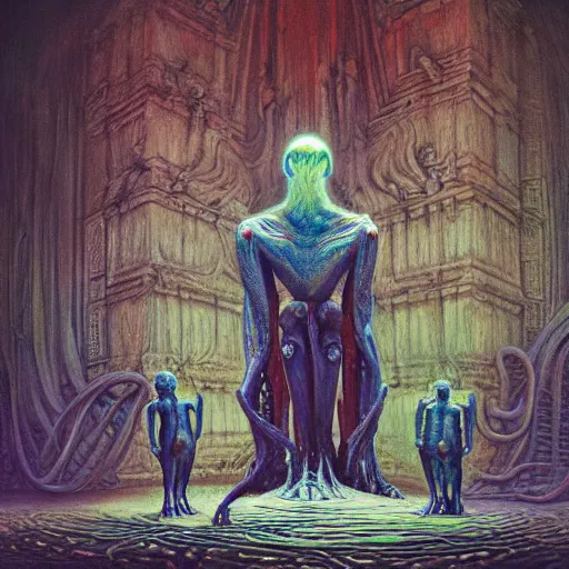 Prompt: painting of an alien family, intercrossed humans, mixed animal, in a mayen temple, by giger, zdzislaw beksinski, frank frazette, cold hue's, amazing colorful background, digital art, concept art, animal painting, trending on art station, beautiful composition 3 - d 4 k,