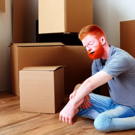 Image similar to moving day disaster. photo of ginger man on the floor holding his back in pain