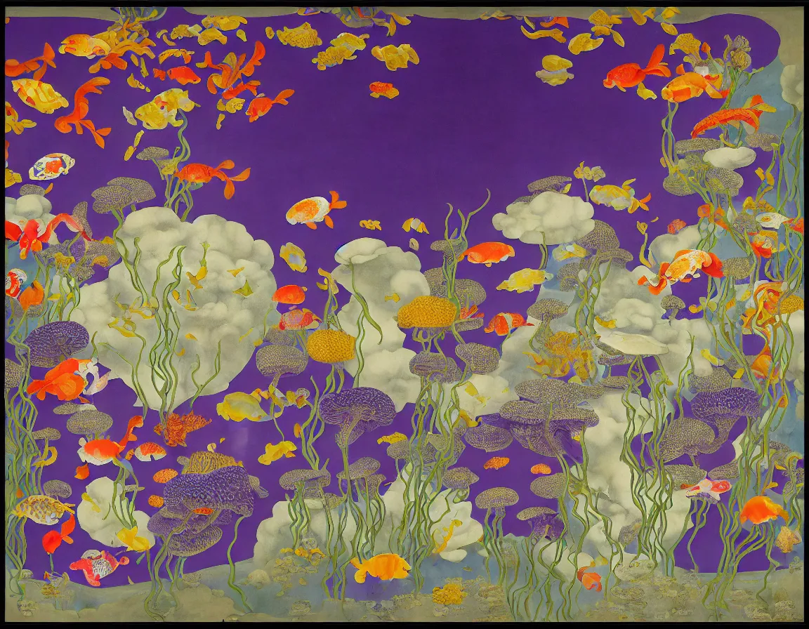 Prompt: vase of mushroom in the sky and under the sea decorated with a dense field of stylized scrolls that have opaque purple outlines, with koi fishes, ambrosius benson, kerry james marshall, afrofuturism, oil on canvas, history painting, hyperrealism, light color, no hard shadow, around the edges there are no objects