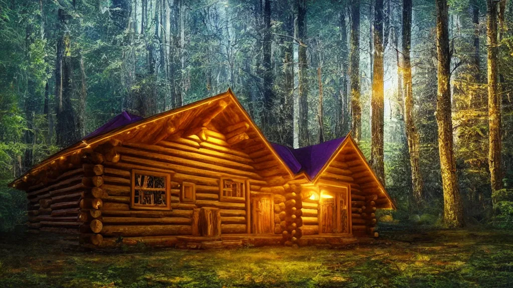 Prompt: portrait of an ethereal log cabin made of golden purple and green light, evergreen forest, divine, cyberspace, mysterious, dark high-contrast concept art