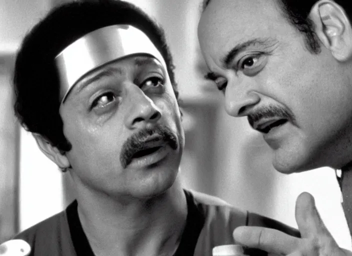 Prompt: film still of young old Cheech Marin with HAL as Dr. Dave Bowman in 2001 A Space Odyssey