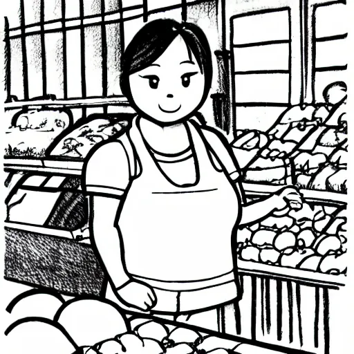 Image similar to cute penial drawing of a slightly chubby 28 year old Korean woman standing in a grocery store next to the bananas