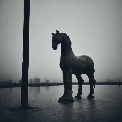 Prompt: old photography style masao yamamoto ; a view from afar, huge ancient statue of horse on a mountain, brutalism architecture, lights in distant, city in the background, wide angle, environment, fog, rain ; noisy old film texture