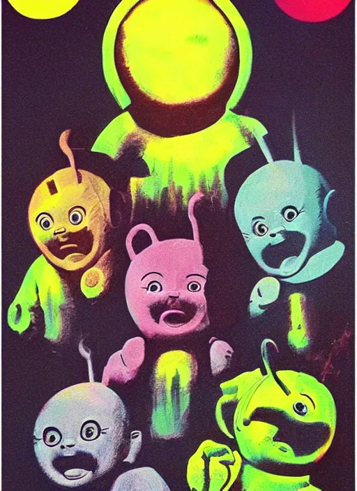 Image similar to teletubbies horror movie poster, grotesque, scary, high details, minimalist, by vincent di fate, artgerm julie bell beeple, inking, 1960s, vintage 60s print, screen print