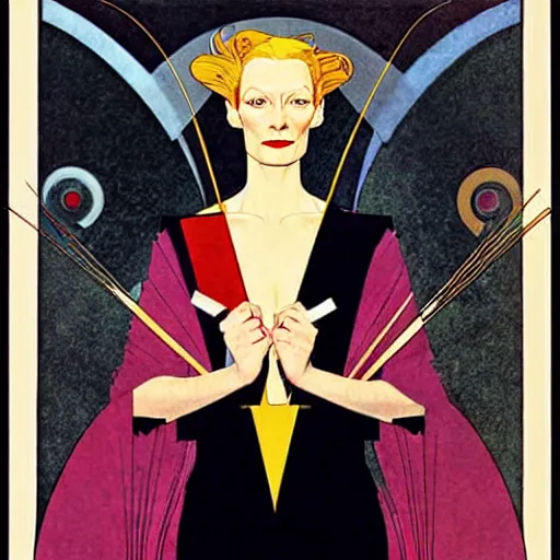 Image similar to a portrait by coles phillips of the stunningly beautiful actree, tilda swinton, mucha, kandinsky, art deco, decadence,