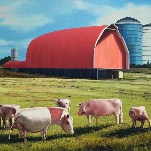 Image similar to exterior view of modern futuristic farm barn architecture, silo, feed troughs, cows, pigs, chickens, detailed luminescent oil painting 4 k