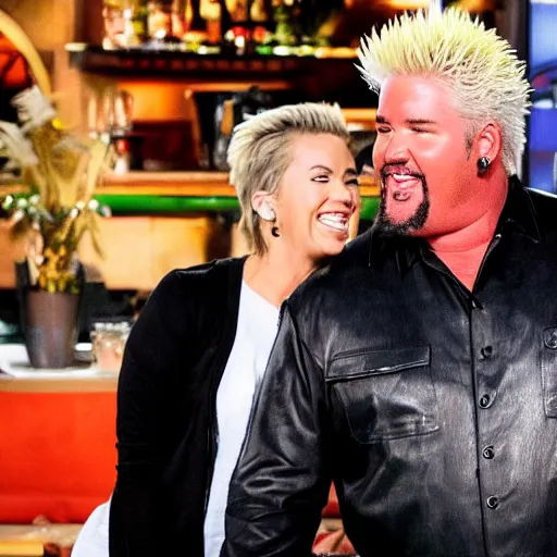 Image similar to guy fieri smiling ear to ear after smelling a fart from a big woman ’ s rear end