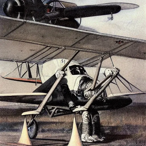 Image similar to a charles r knight painting of a yokai piloting a propeller plane