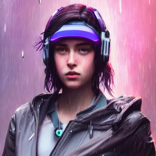 Prompt: very detailed masterpiece painting of a very beautiful wet young cyberpunk woman with a visor, dark purple hair and cybernetics, cyberpunk background, retrowave lighting, raining, closeup, portrait, artstation, concept art by greg rutkowski