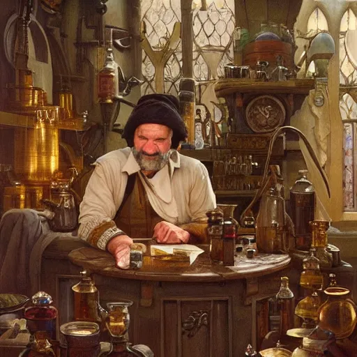 Image similar to an ultradetailed portrait of robin williams dressed as an alchemist, brewing potions in a workshop, d & d, fantasy, intricate, elegant, highly detailed, digital painting, matte, sharp focus, illustration, art by john collier and albert aublet and krenz cushart and artem demura and alphonse mucha