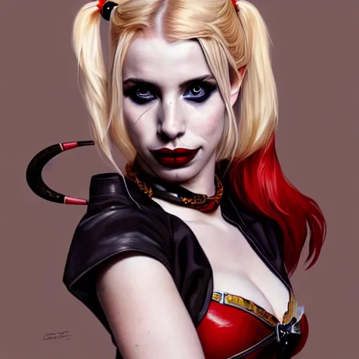 Prompt: Beautiful Emma Roberts as Harley Quinn, western, D&D, fantasy, intricate, elegant, highly detailed, digital painting, artstation, concept art, matte, sharp focus, illustration, art by Artgerm and Greg Rutkowski and Alphonse Mucha