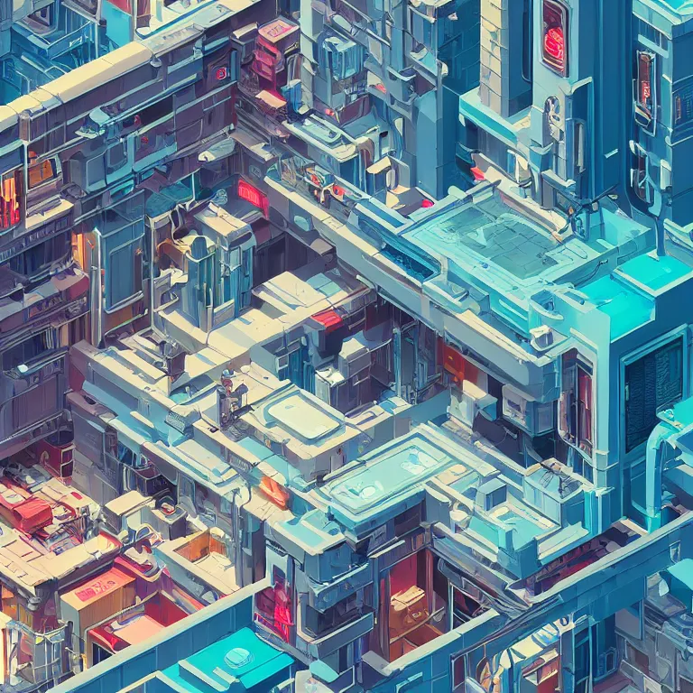 Image similar to isometric view illustration of a Cyberpunk apartment, highly detailed, by James Gilleard and Bruce Pennington