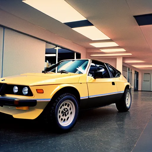 Image similar to 1979 Jeep BMW M1, inside of an auto dealership, ektachrome photograph, volumetric lighting, f8 aperture, cinematic Eastman 5384 film