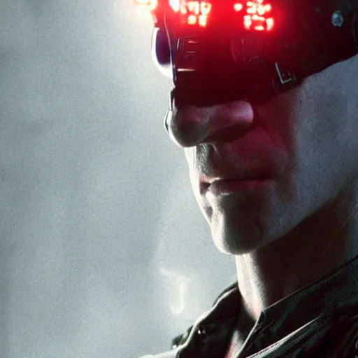 Image similar to cyberpunk rock - man as a soldier smoking a cigarette, still from the movie universal soldier, still from the movie terminator, fog, dramatic lighting, cinematic, 4 k, full body shot, backlit, rim lighting, full body photgraph, shap, football armor, cyberpunk, bladerunner, extreme detail, light rain, trending on artstation, spot light