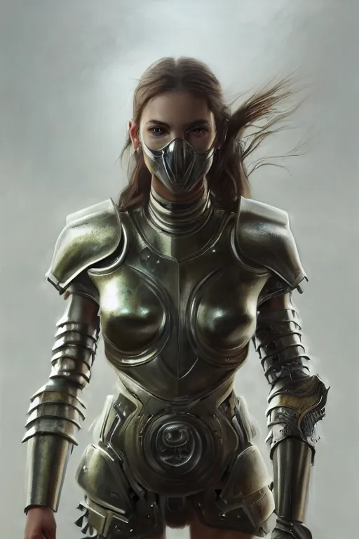 Image similar to a photorealistic painting of an attractive young girl, partially clothed in metal-plated battle armor, olive skin, long dark hair, beautiful bone structure, symmetrical face, perfect eyes, intricate, elegant, digital painting, concept art, illustration, sharp focus, minimal artifacts, from Metal Gear, in the style of Ruan Jia and Mandy Jurgens and Greg Rutkowski, trending on Artstation, award winning