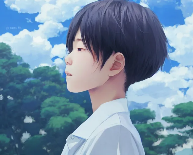 Image similar to teen looking at blue sky, wearing white shirt, back turned, looking up, illustration, by pine ( ハイネ ) and 薯 子 imoko and 香 川 悠 作 and wlop and maya takamura, highly detailed, trending artstation, pixiv, digital art