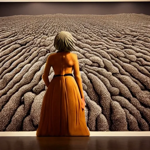 Image similar to cgi, monumental manga by chris van allsburg, by jennifer rubell. a art installation of a woman standing in a field of ashes, her dress billowing in the wind. her hair is wild & her eyes are closed, in a trance - like state. dark & atmospheric, ashes seem to be alive, swirling around.