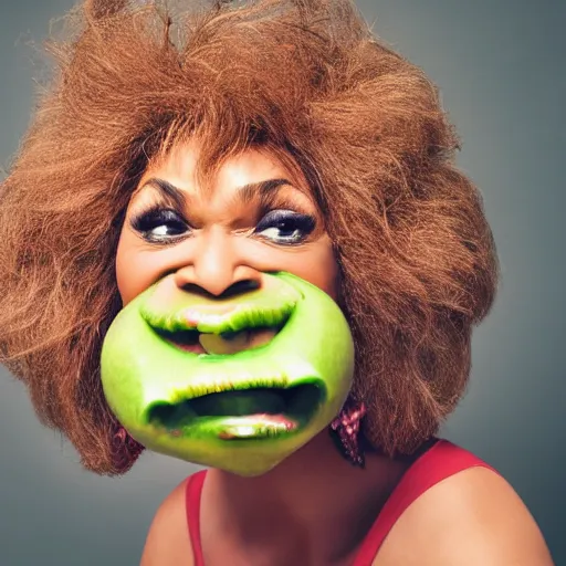 Image similar to tina turner face on a turnip, colored, dslr, photoshoot