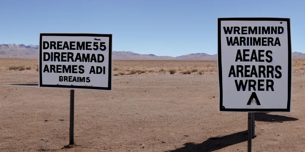 Prompt: a sign outside area 5 1 saying'warning dreamers ahead'