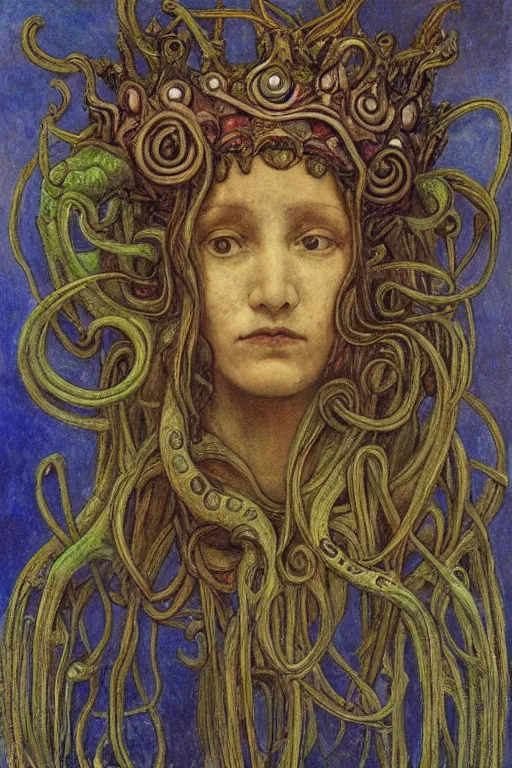 Image similar to the tentacle crown,by Annie Swynnerton and Diego Rivera, symbolist, dramatic lighting, elaborate geometric ornament, Art Brut, bioluminescent, soft blues and greens,smooth, sharp focus, extremely detailed, Adolf Wölfli