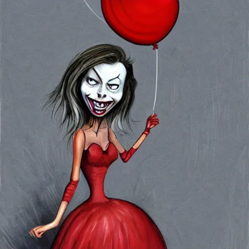 Image similar to grunge cartoon painting of margot robbie with a wide smile and a red balloon by chris leib, loony toons style, pennywise style, corpse bride style, horror theme, detailed, elegant, intricate