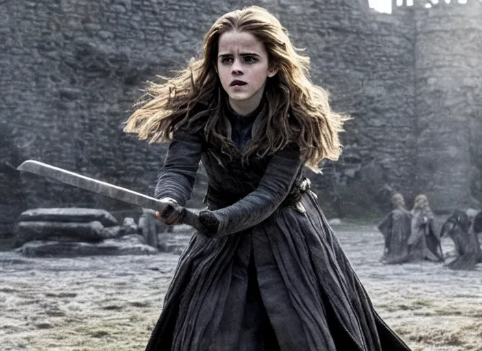 Prompt: emma watson as hermione granger in that infamous game of thrones scene