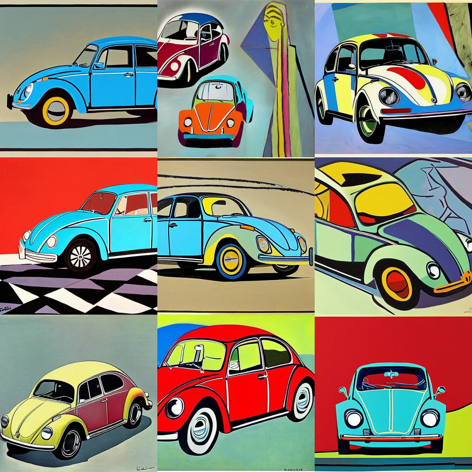 Prompt: painting of a 1970 vw beetle painted by pablo picasso