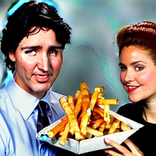 Image similar to Justin Trudeau holding authentic quebec poutine for a 1990s sitcom tv show, Studio Photograph, portrait