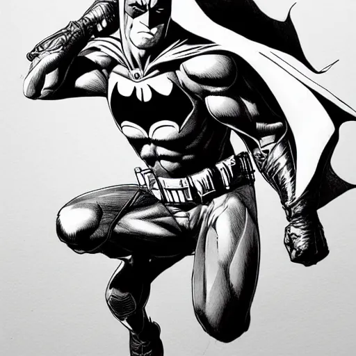 Image similar to hyperrealistic, detailed, batman dynamic pose, ink, line art by Kim Jung gi