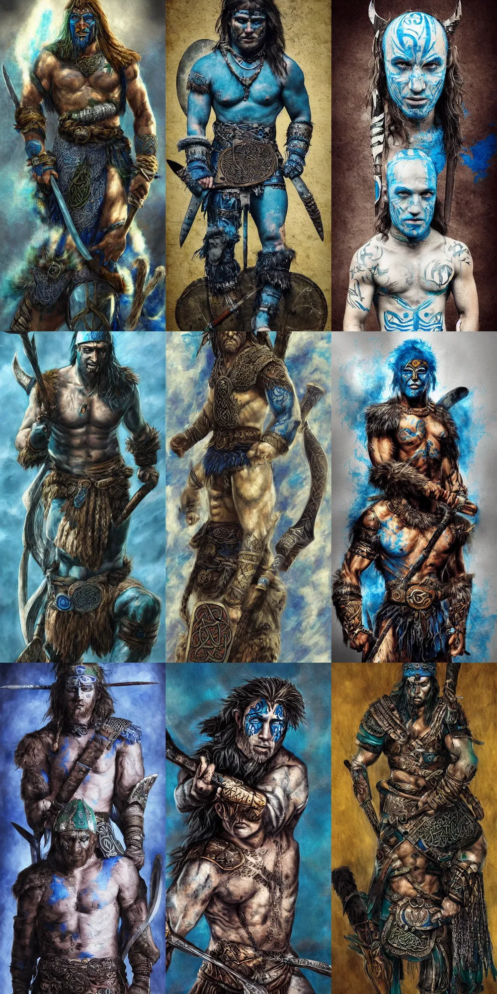 Prompt: celtic pict warrior barbarian with blue warpaint patterns on his bare skin, epic painting dramatic lighting character