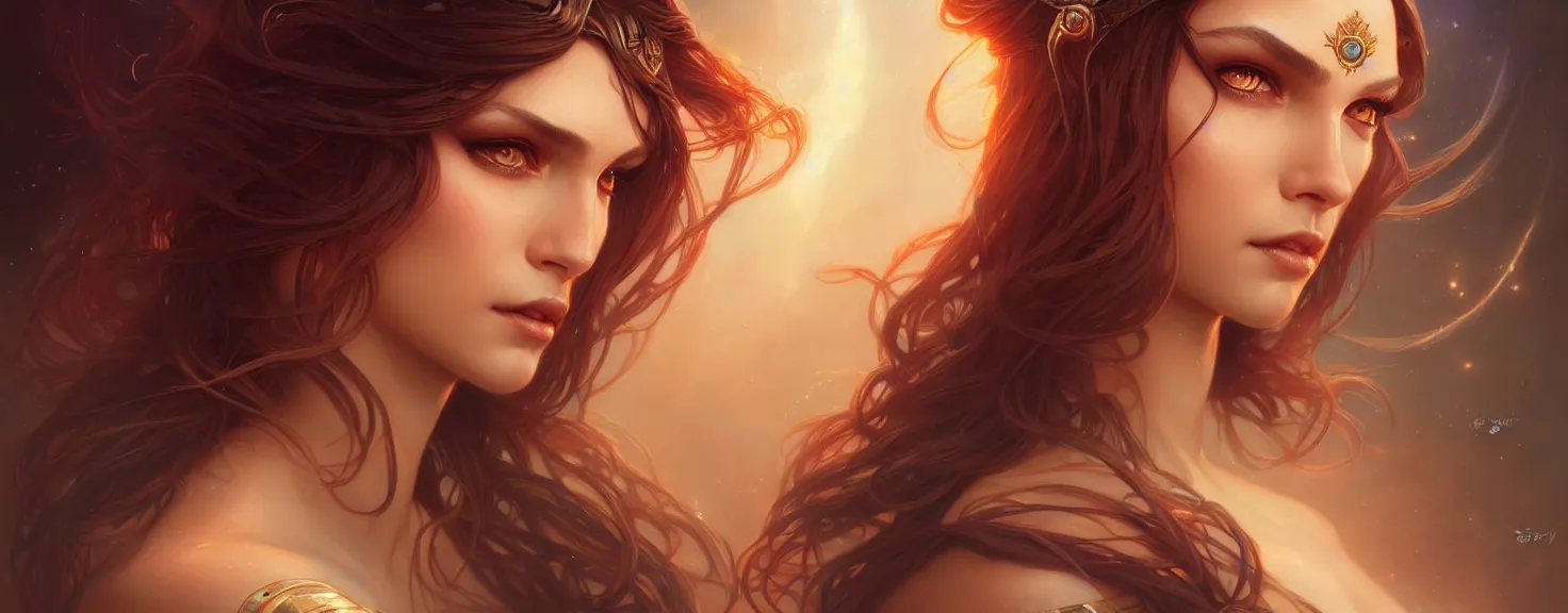 Image similar to fantasy magic woman portrait, sci-fi, amber eyes, face, long hair, fantasy, intricate, elegant, highly detailed, digital painting, artstation, concept art, smooth, sharp focus, illustration, art by artgerm and greg rutkowski and alphonse mucha