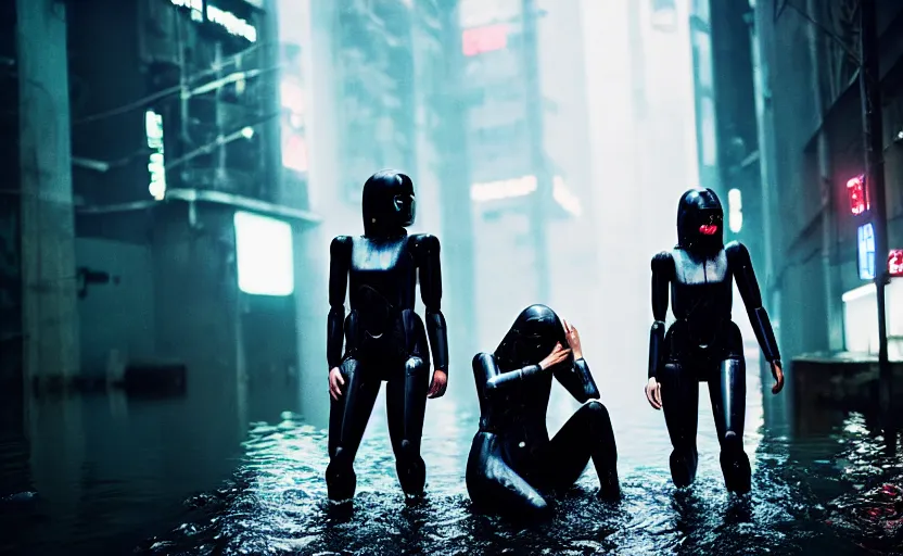 Image similar to cinestill 5 0 d candid photographic portrait by steve mccurry of two loving female androids sobbing wearing rugged black mesh techwear in treacherous waters, flooded city, long shot, retrofuturism cyberpunk moody emotional cinematic, pouring iridescent rain bright spotlight helicopter, 8 k, hd, high resolution, 3 5 mm, f / 3 2, ultra realistic faces, ex machina