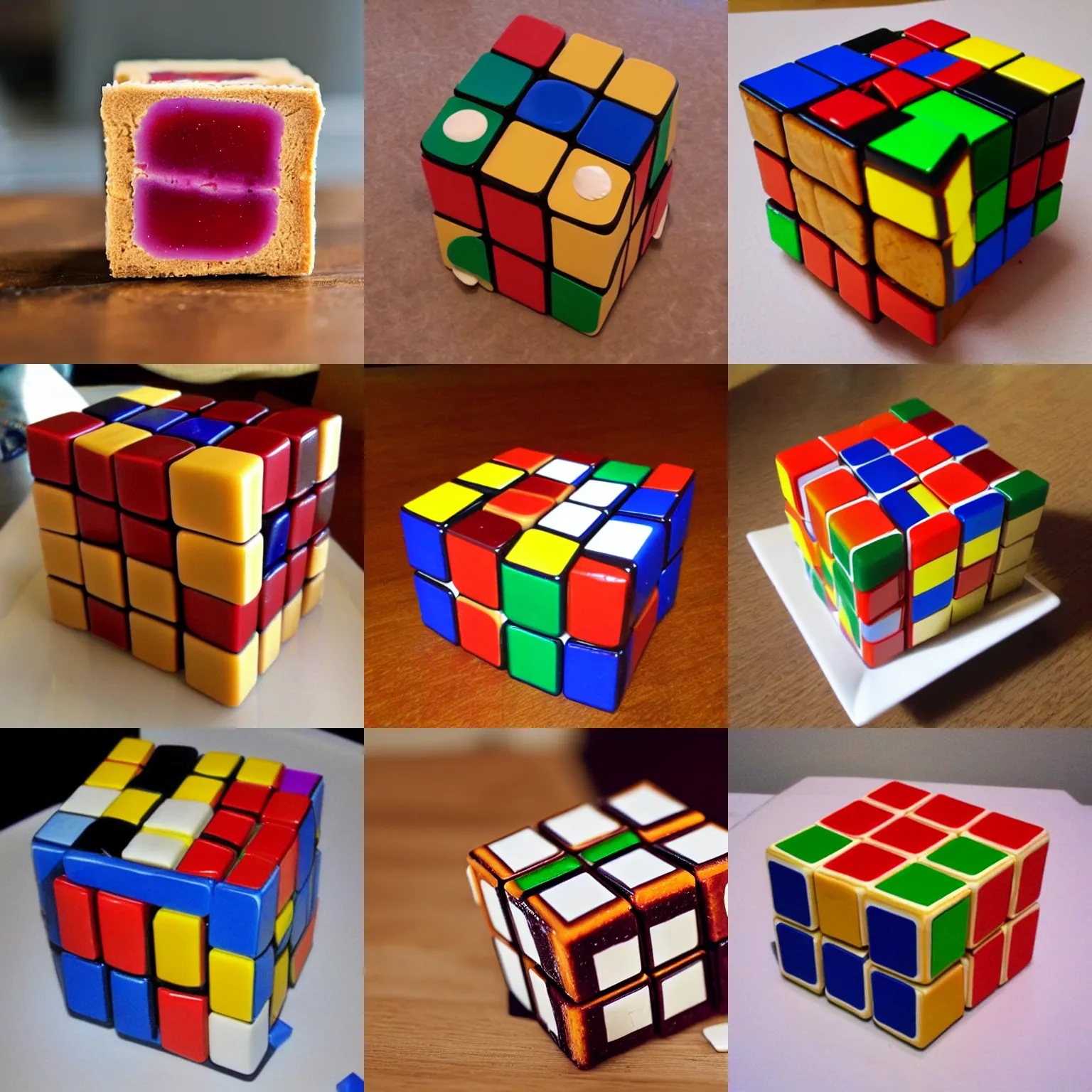 Prompt: Rubik's Cube made of peanut butter and jelly