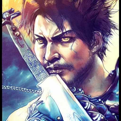 Image similar to portrait of a hero holding his sword in front of his face by yoji shinkawa, high quality, extra details, realism, ornate, colored, golden chain, blood, white skin, short hair, brown eyes, vivid, sunlight, dynamic, american man, freedom, spray paint