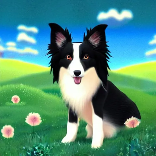 Prompt: a sweet border collie pokemon in a beautiful landscape. chiho aoshima. very cute. beautiful. digital render.