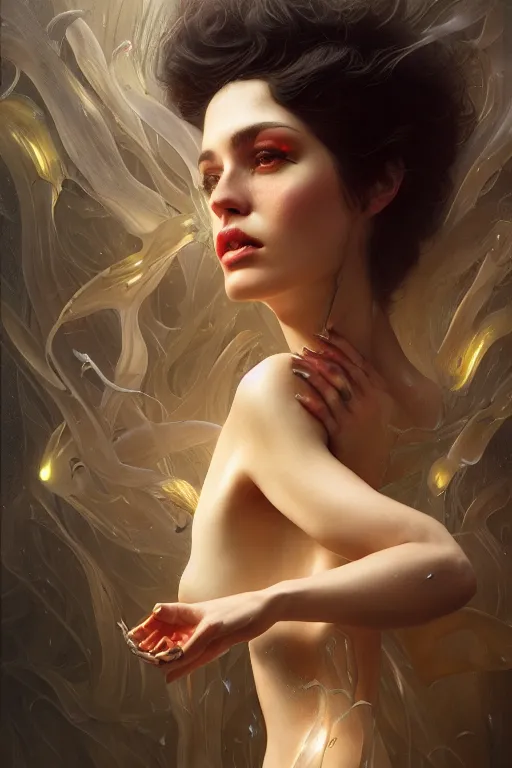 Image similar to a lot of ghost arms grab all over a girl in the elavator full body portrait by karol bak, james jean, tom bagshaw, rococo, sharp focus, trending on artstation, cinematic lighting, hyper realism, octane render, 8 k, hyper detailed, vivid, ultra detailed, highly detailed