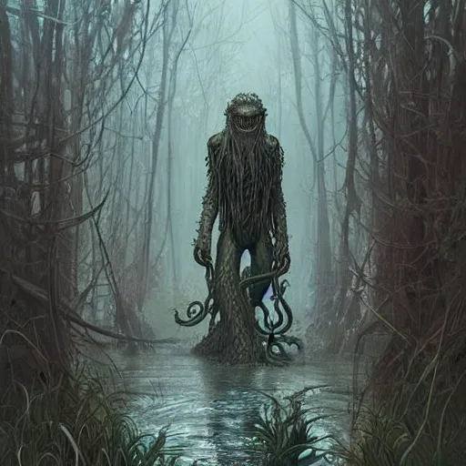 Image similar to happy lovecraftian swamp monster walking through swamp with tentacles by tom bagshaw and krenz cushart