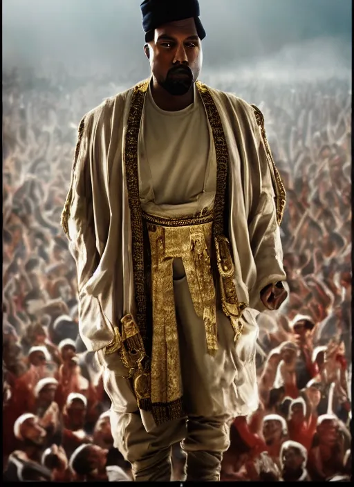 Image similar to kanye west as muammar kadhafi and emperor napoleon, splash art, movie still, detailed face, cinematic lighting, dramatic, octane render, long lens, shallow depth of field, bokeh, anamorphic lens flare, 8 k, hyper detailed, 3 5 mm film grain