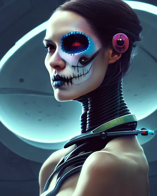 Image similar to side portrait of female android, sharp focus, sci - fi, fantasy art, digital illustration, dia de los muertos. octane render, unreal engine. concept art. art by artgerm and wlop and giger and greg rutkowski and rossdraws and alphonse mucha, 8 k