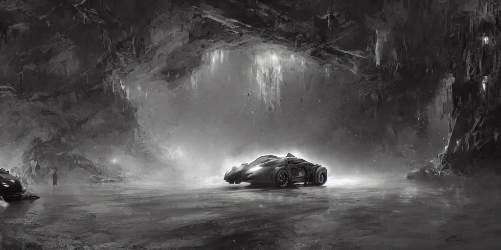 Image similar to the batmobile standing in a very dark and wet cave. highly detailed. intricate. mist. atmospheric. octane render. rim light. photoreal. 8 k. monochrome. cinematic. matte painting imagined by craig mullins and greg rutkowski. concept art, trending on artstation.