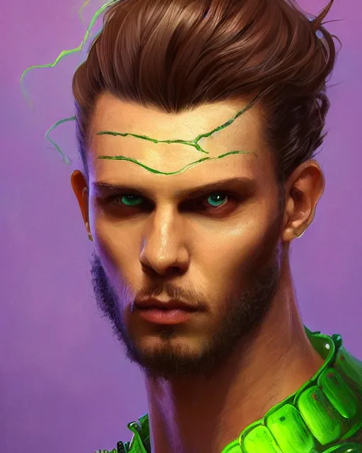 Prompt: '' Face portrait of a handsome fighter, reptile skin, reptile eyes, long neon lime hair with a ponytail , fantasy, high detail, 4k , digital painting, artstation, concept art, sharp focus, illustration, art by greg rutkowski and alphonse mucha ''