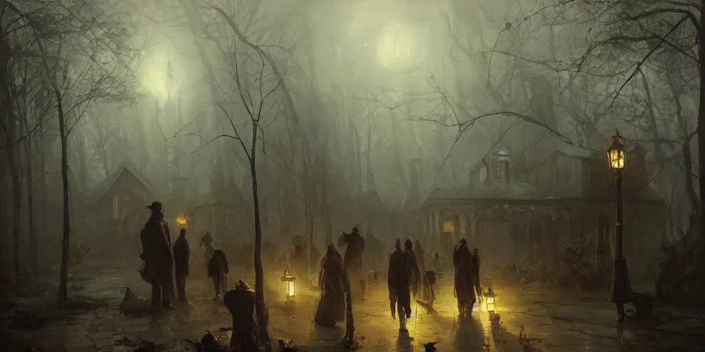 Prompt: streets of innsmouth during the night in a forest, lovecraftian atmosphere, people standing up in front of the house, mystical fog, oil on canvas, art by andreas achenbach, clemens ascher, tom bagshaw and sabbas apterus,