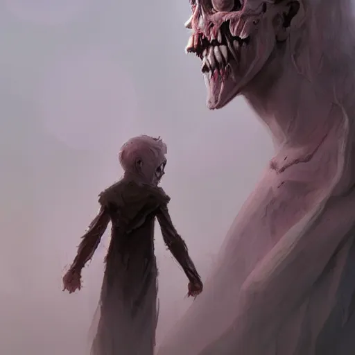 Image similar to a beautiful terrifying immense pale humanoid giant looms over a tiny human. ethereal horror fantasy art, artstation, detailed, realistic